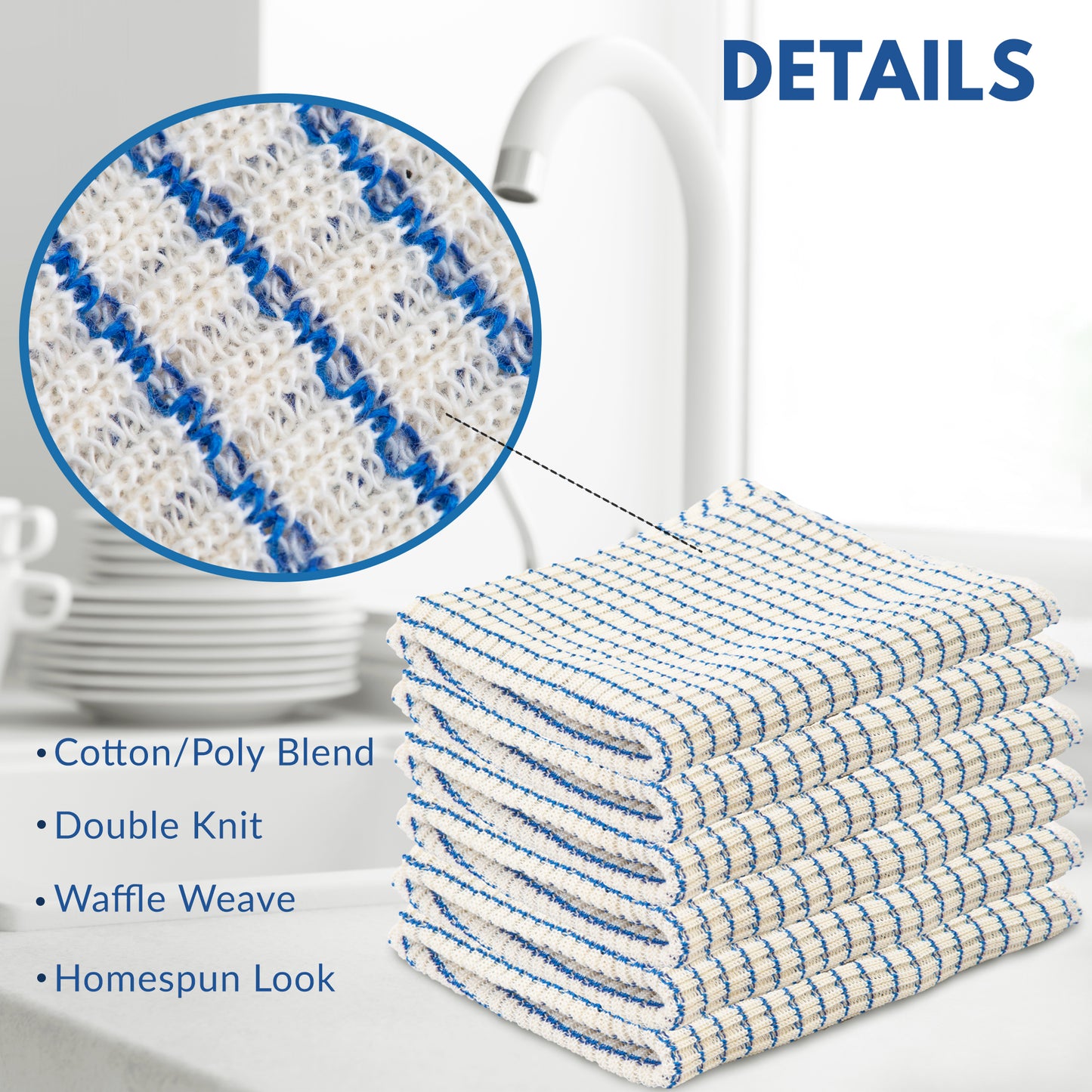 Eselect World's Best Kitchen Dish Cloths - Set of 6 Blue Dishcloths for Washing Dishes - Absorbent Poly Cotton Waffle Weave Dish Rags, Made in USA
