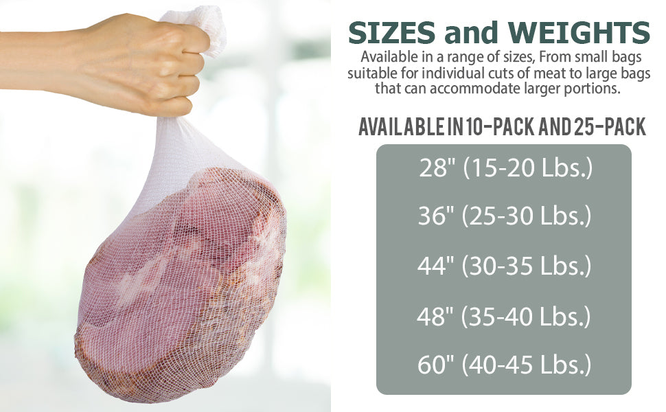 Eselect 44" Stockinette Ham and Meat Bags - Pack of 25 - Meat Netting, Bags for Smoking and Curing Poultry, Beef, Bacon, Pork, Lamb, Deer and More