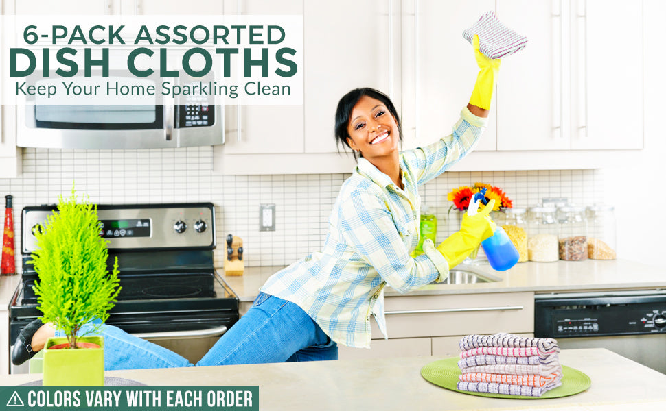 Eselect World's Best Kitchen Dish Cloths - Set of 6 Assorted Dishcloths for Washing Dishes - Absorbent Poly Cotton Waffle Weave Dish Rags, Made in USA