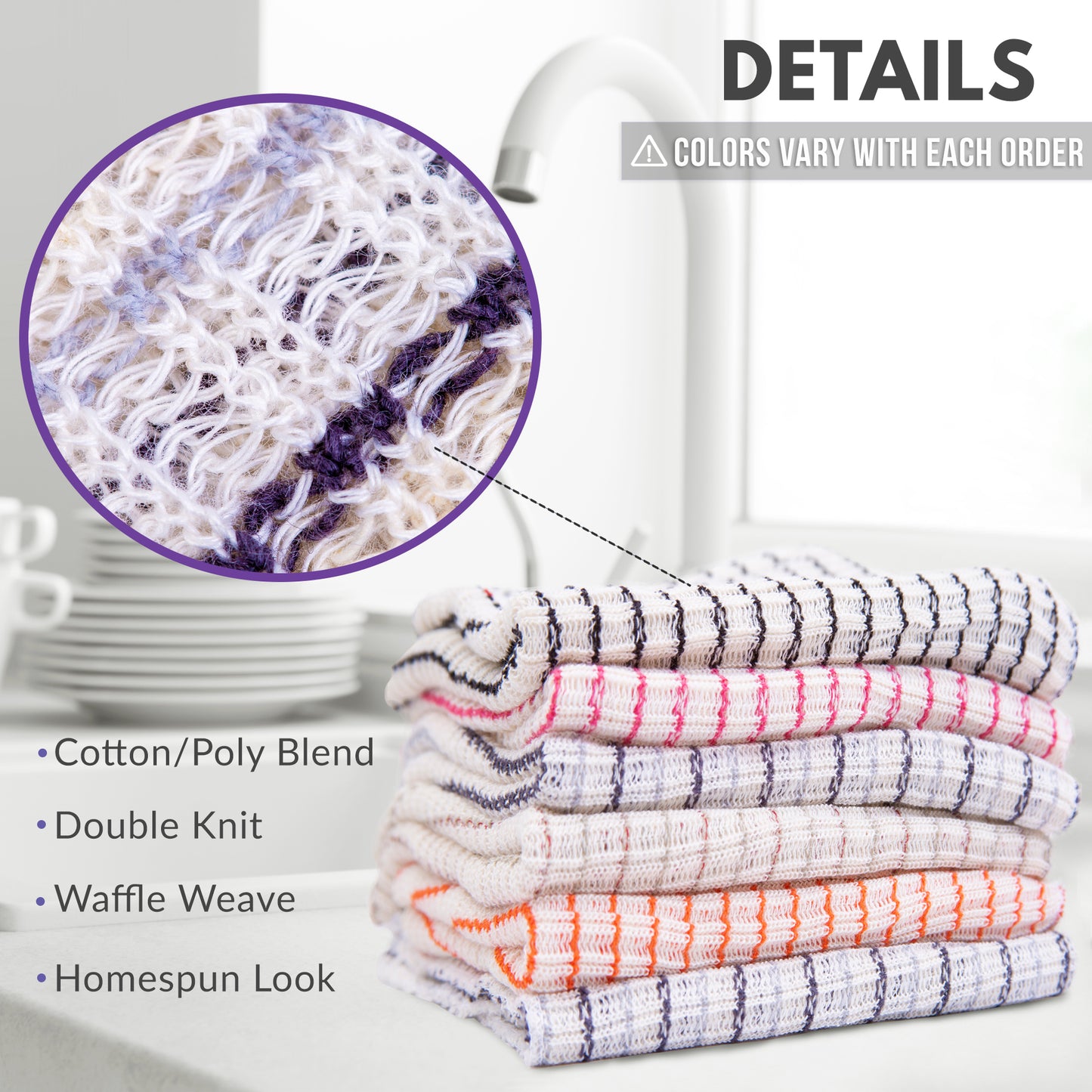 Eselect World's Best Kitchen Dish Cloths - Set of 6 Assorted Dishcloths for Washing Dishes - Absorbent Poly Cotton Waffle Weave Dish Rags, Made in USA