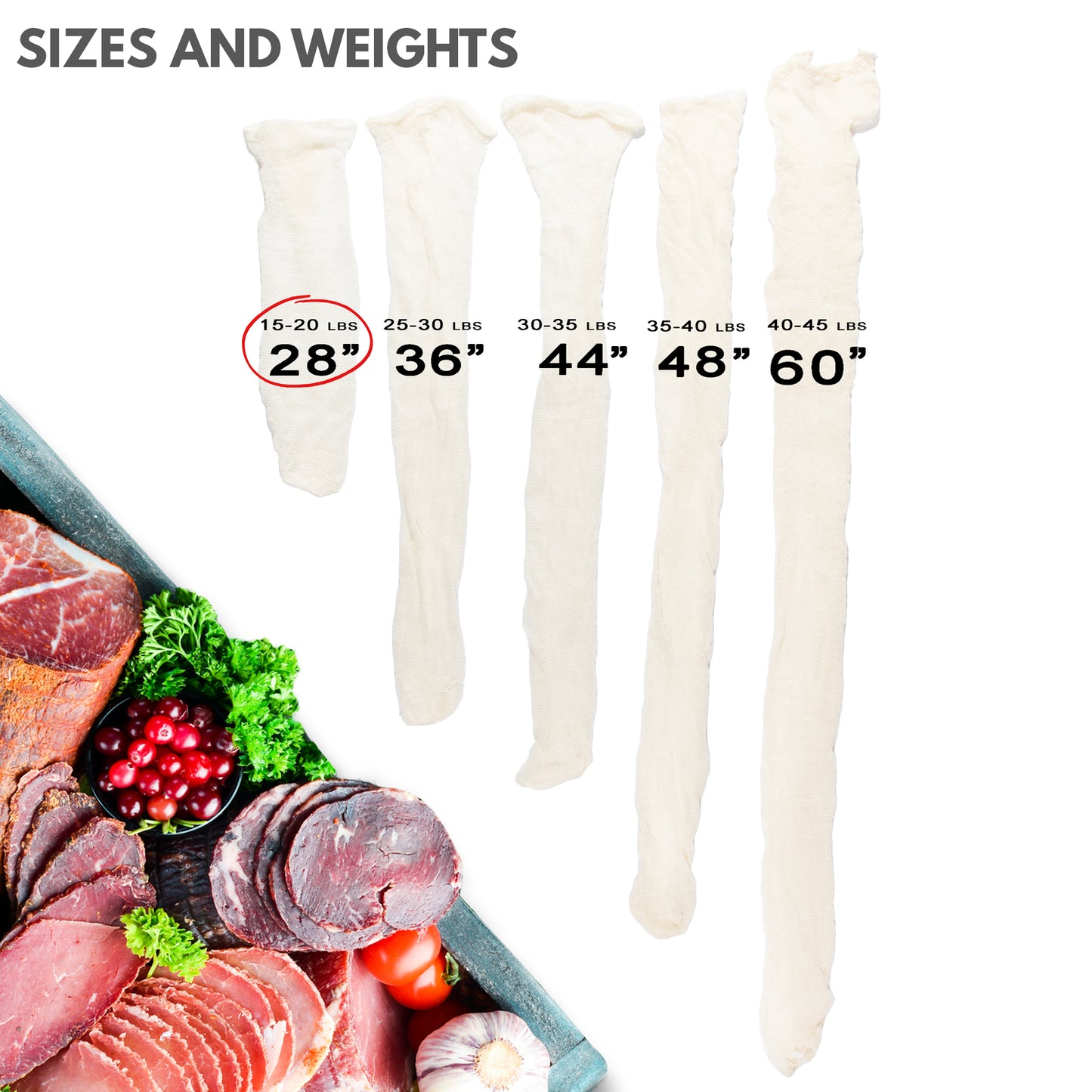 Eselect 28" Stockinette Ham and Meat Bags - Pack of 10 - Meat Netting, Bags for Smoking and Curing Poultry, Beef, Bacon Pork, Lamb, Deer and More