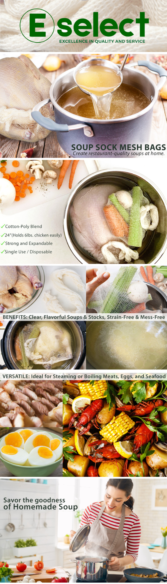 Eselect 24” Soup Bags - Pack of 10, Cooking Bags for Making Flavorful Soup Stock, Broth & Stew, Clam Bags, Steamer & Boiling Bags, Food Storage Bags