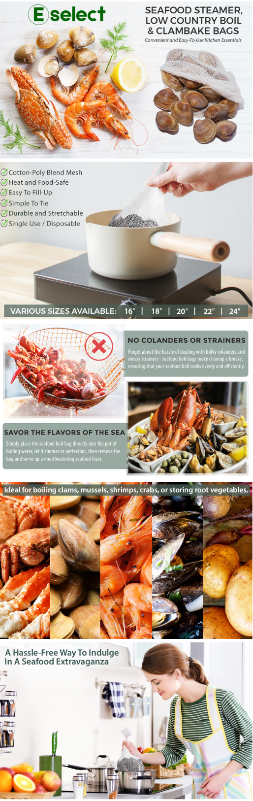 Eselect 22" Seafood Boil & Steamer Bags - Pack of 10, Seafood Boiling Bags for Crab, Crawfish, Shellfish - Low Country Boil, Clambake, Crab Boil, Soup Bags, Vegetable Storage Bags